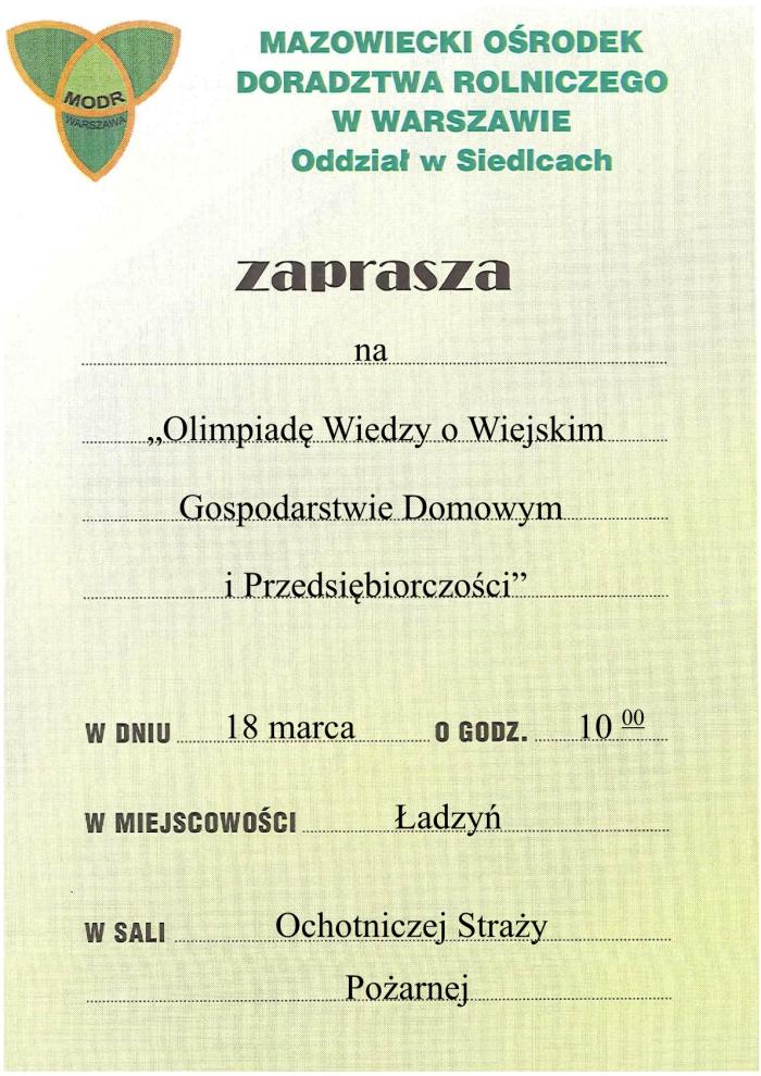 Plakat ,,Olimpiada Wiedzy o Wiejskim Gospodarstwie Domowym i Przedsiębiorczości"